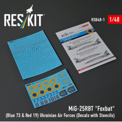 Reskit Rsb48-0001 1/48 Mig-25rbt Foxbat Blue 73 Red 19 Ukrainian Air Forces Decals With Stencils