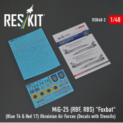 Reskit Rsb48-0002 1/48 Mig-25rbf Rbs Foxbat Blue 74 Red 17 Ukrainian Air Forces Decals With Stencils