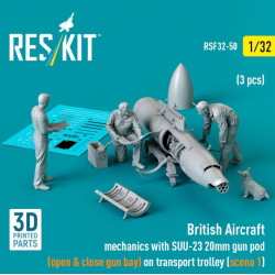 Reskit Rsf32-0050 1/32 British Aircraft Mechanics With Suu23 20mm Gun Pod Open Close Gun Bay On On Transport Trolley Scene 1 3 Pcs 3d Printed