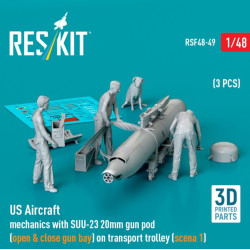 Reskit Rsf48-0049 1/48 Us Aircraft Mechanics With Suu 23 20mm Gun Pod Open Close Gun Bay On Transport Trolley Scene1 3pcs 3dprinted