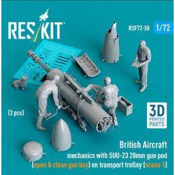 Reskit Rsf72-0050 1/72 British Aircraft Mechanics With Suu-23 20mm Gun Pod Open Close Gun Bay On Transport Trolley Scene 1 3 Pcs 3d Printed