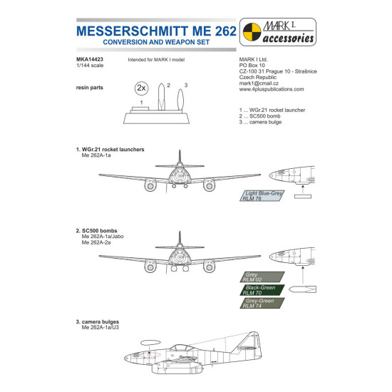 Mark I Mka14423 1/144 Me 262a Conversion Weapon Set 262a-1/U3 262a-1a/Jabo/A-2a