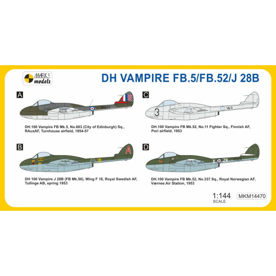 Mark I Mkm144070 1/144 De Havilland Vampire Fb.5/Fb.52/J 28b In The North 2in1