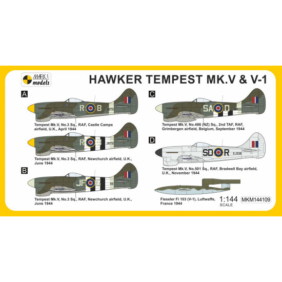 Mark I Mkm144109 1/144 Hawker Tempest Mk.v Srs.1/2 Doodlebug Chaser Raf Fighter 2pcs