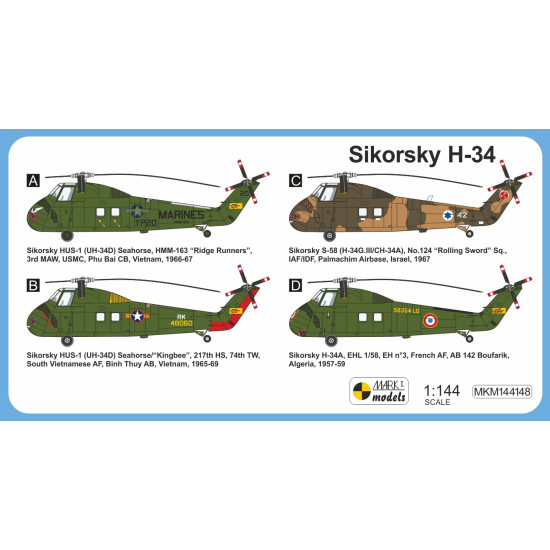 Mark I Mkm144148 1/144 Sikorsky H-34 In Combat Vietnam Algeria Israel Helicopter