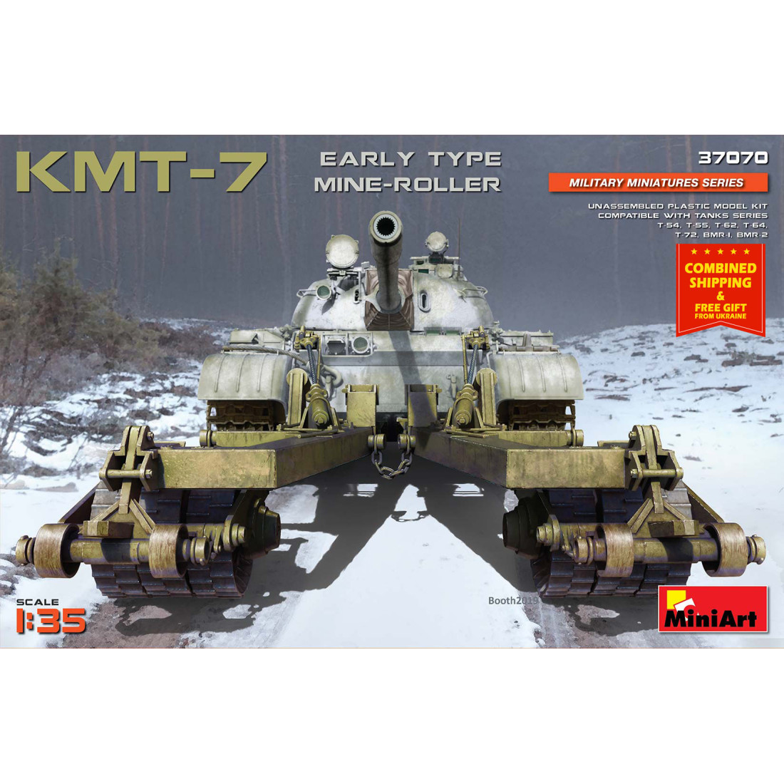 Mini Art 1:35 Scale T-55 Czech Production Model Kit With KMT-5M Lead Roller - Unpainted Plastic Assembly Kit