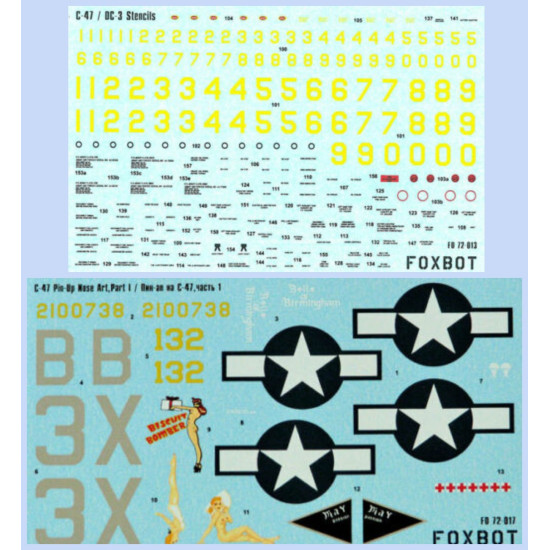 DOUGLAS C-47 SKYTRAIN DAKOTA PIN-UP NOSE ART AND STENCILS 1 1/72 Foxbot 72-017