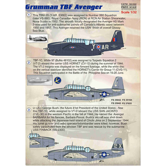 DECALS FOR GRUMMAN TBF AVENGER DECAL 1/32 PRINT SCALE 32-022 PERIOD OF WW II