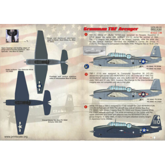 Print Scale 48-110 - 1/48 Decal for Airplane Grumman Tbf Avenger Aircraft