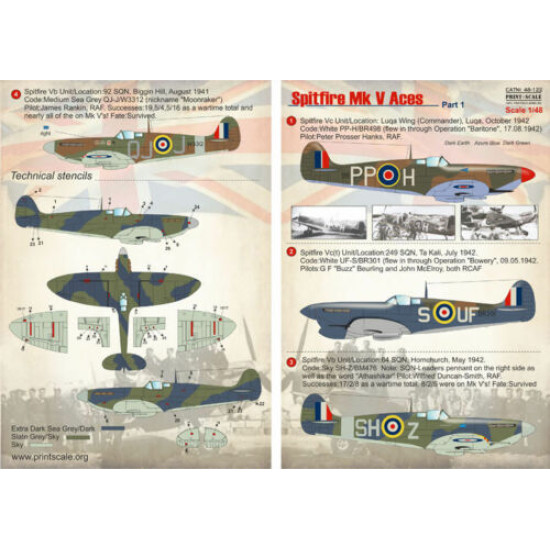 Print Scale 48-122 - 1/48 Decal for Airplane Spitfire Mk V Aces, Part 1 Aircraft