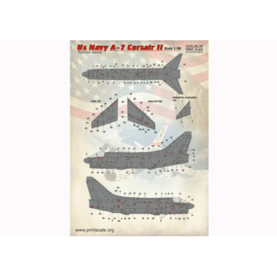 Print Scale 48-128 - 1/48 Decal for Airplane A-7 Corsair II, Technical Stencils