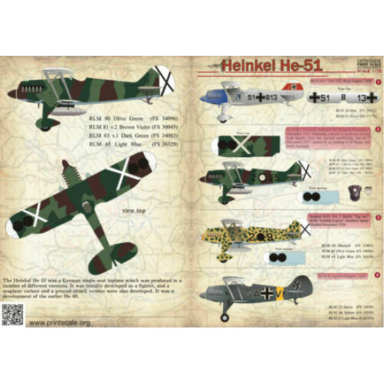 Print Scale 72-012 - 1/72 Decal For Heinkel He-51, Aircraft