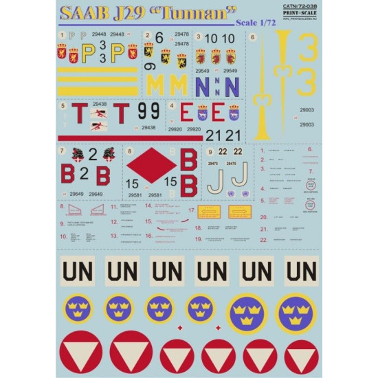 Print Scale 72-038 - 1/72 Decal For Airplane Saab J 29 Tunnan Aircraft