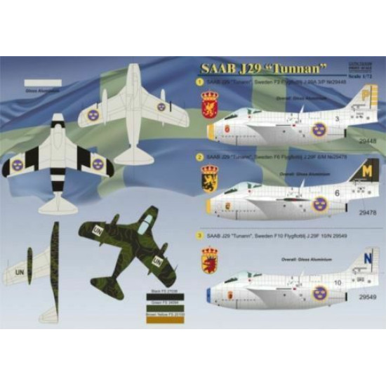 Print Scale 72-038 - 1/72 Decal For Airplane Saab J 29 Tunnan Aircraft