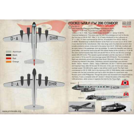 Print Scale 72-238 - 1/72 Focke-wulf Fw 200 Condor Part 1 Aircraft wet decal