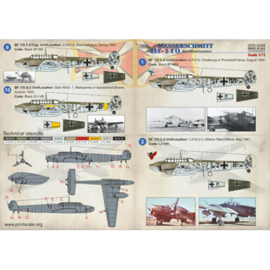 Print Scale 72-246 - 1/72 BF 110 Reconnaissance Accessories Aircraft wet decal