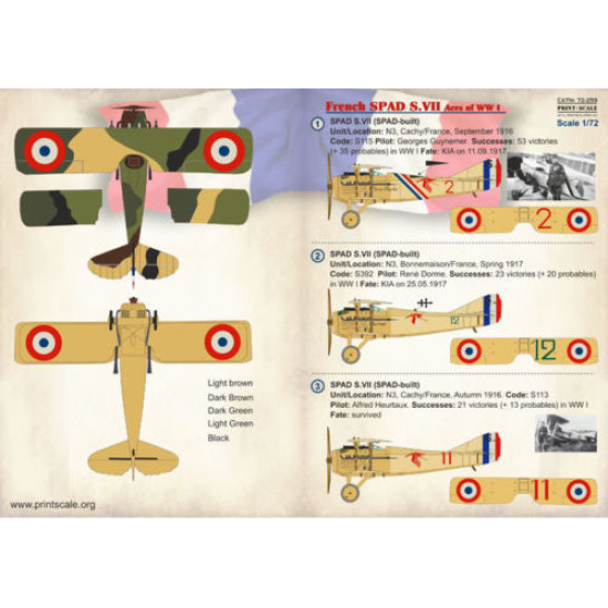 Print Scale 72-259 - 1/72 French Spad S.vii Aircraft Accessorie, wet decal