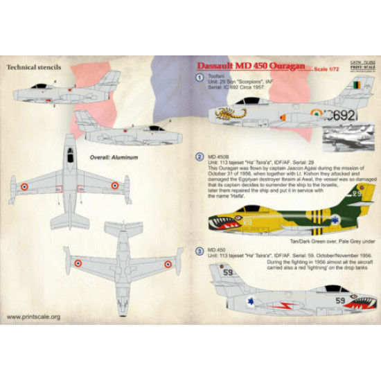 Print Scale 72-262 - 1/72 Dassault MD 450 Ouragan Aircraft wet decal