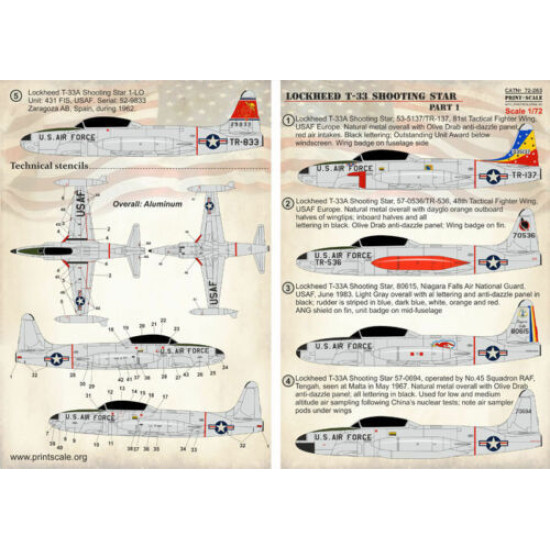 Print Scale 72-263 - 1/72 Lockheed T-33 Shooting Star Part 1 wet decal