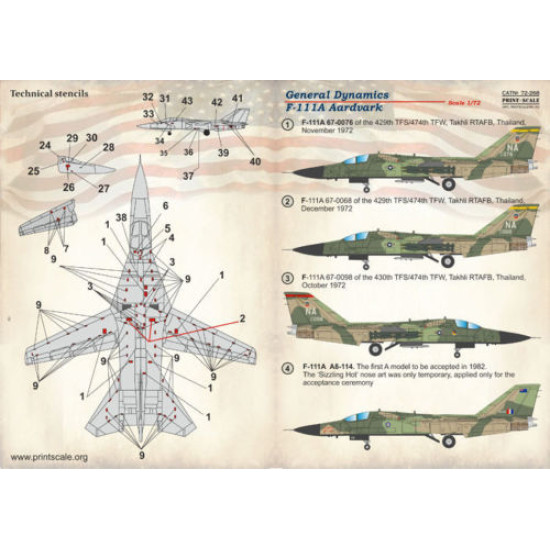 Print Scale 72-268 - 1/72 F-111a Aardvark, Aircraft wet decal