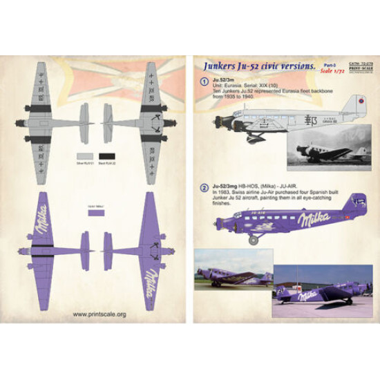 Print Scale 72-279 - 1/72 Junkers Ju-52 Civic Versions Part-3, wet decal