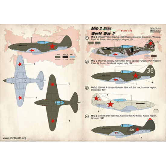 Print Scale 72-283 - 1/72 Decal For Mig-3 Aces of WWII, (Aircraft wet decal)