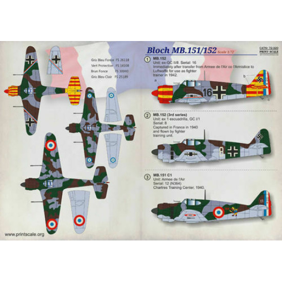 Print Scale 72-320 - 1/72 Bloch MB.151-152, Aircraft wet decal model in scale