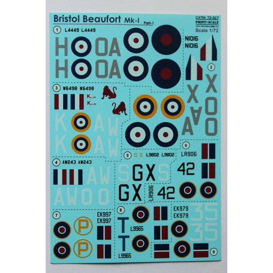 Print Scale 72-327 - 1/72 Bristol Beaufort Part 1 Aircraft wet decal model scale