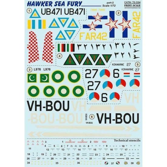 Print Scale 72-334 - 1/72 Hawker Sea Fury Part 2 Aircraft wet decal model scale