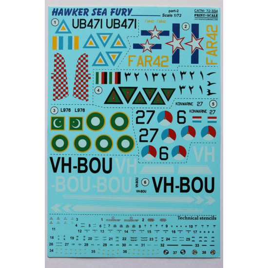 Print Scale 72-334 - 1/72 Hawker Sea Fury Part 2 Aircraft wet decal model scale