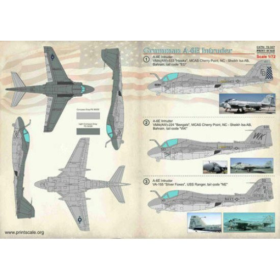 Print Scale 72-337 - 1/72 Grumman A-6 Intruder, Aircraft wet decal model scale