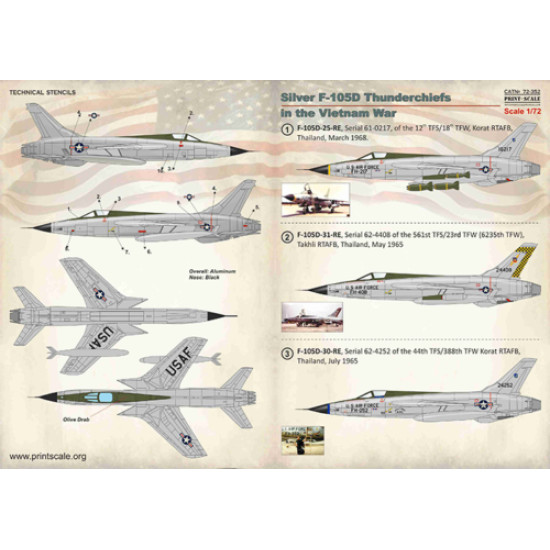 Print Scale 72-352 - 1/72 NEW Silver F-105D in Viet Nam War, Aircraft wet decal