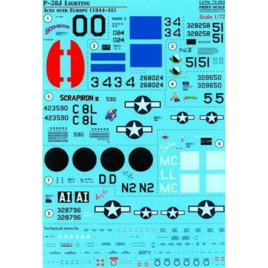 Print Scale 72-353 - 1/72 P-38J Lighting Aces over Europe 1944-1945, wet decal