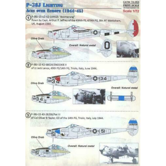 Print Scale 72-353 - 1/72 P-38J Lighting Aces over Europe 1944-1945, wet decal