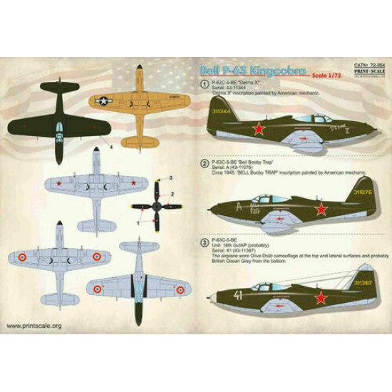 Print Scale 72-354 - 1/72 NEW Bell P-63 Kingcobra, Aircraft wet decal model