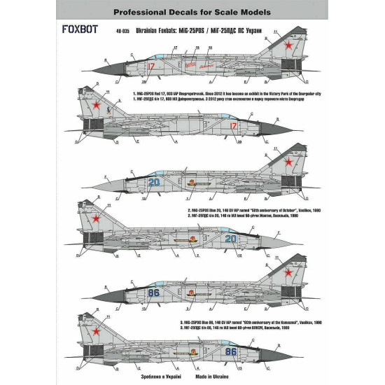 Foxbot 48-035 - Decals 1/48 For Ukrainian Foxbats: MiG-25PDS Aur Force Military
