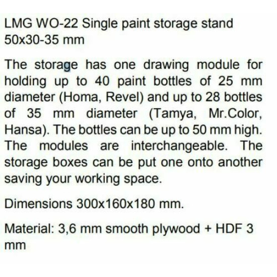 LMG WO-22 Single paint storage stand 50x30-35 mm, Laser Model Graving, shelf