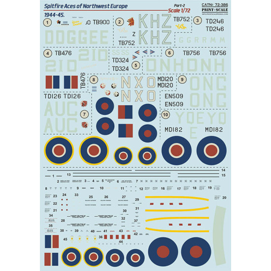 Print Scale 72-386 - 1/72 Spitfire Aces of Northwest Europe 1944-45 Part 2 decal