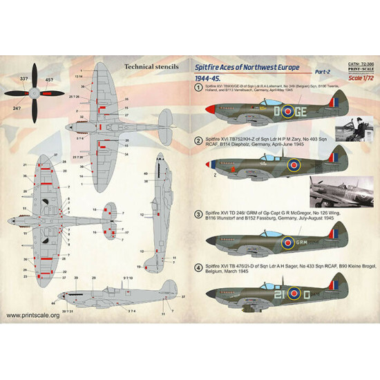 Print Scale 72-386 - 1/72 Spitfire Aces of Northwest Europe 1944-45 Part 2 decal