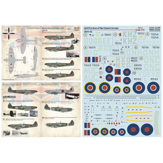 Print Scale 72-386 - 1/72 Spitfire Aces of Northwest Europe 1944-45 Part 2 decal