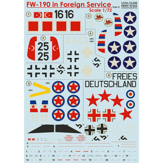 Print Scale 72-396 - 1/72 FW-190 in Foreign Service Part 2 (wet decal for aircraft)