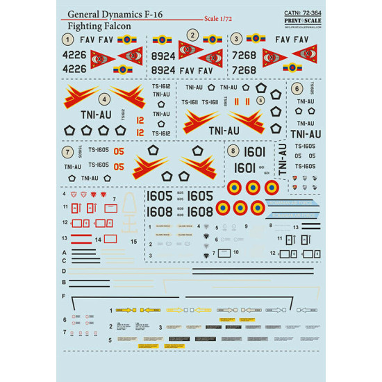 Print Scale 72-364 - 1/72 F-16 Fighting Falcon (wet decal for aircraft)