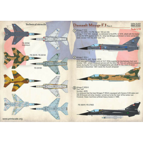 Print Scale 72-373 - 1/72 Dassault Mirage F.1 Part-1 (wet decal for aircraft)