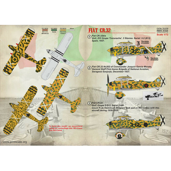 Print Scale 72-379 - 1/72 Fiat Cr-32 Spanish Civil War (wet decal for aircraft)