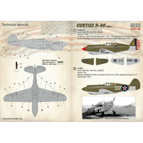 Print Scale 48-168 - 1/48 Curtiss P-40 C, CU. Part 1 (wet decal for aircraft)