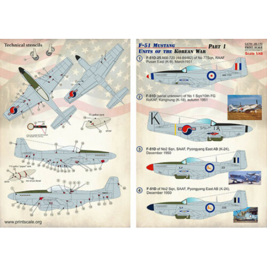 Print Scale 48-170 - 1/48 F-51 Mustang. Units of the Korean War Part 1 (wet decal for aircraft)