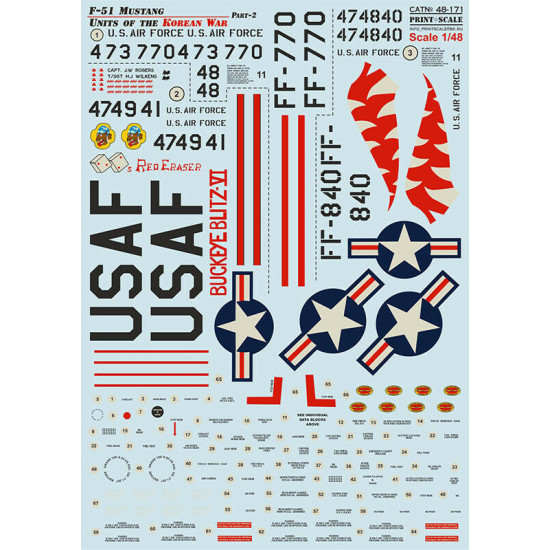 Print Scale 48-171 - 1/48 F-51 Mustang. Units of the Korean War Part 2 (wet decal for aircraft)