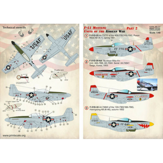 Print Scale 48-171 - 1/48 F-51 Mustang. Units of the Korean War Part 2 (wet decal for aircraft)