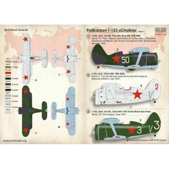 Print Scale 32-025 - 1/32 - Polikarpov I-153 "Chaika" Part 1, decal for aircraft