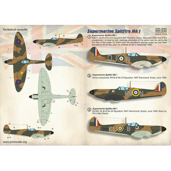 Print Scale 72-403 - 1/72 - Supermarin Spitfire Mk. 1, Decal for aircraft